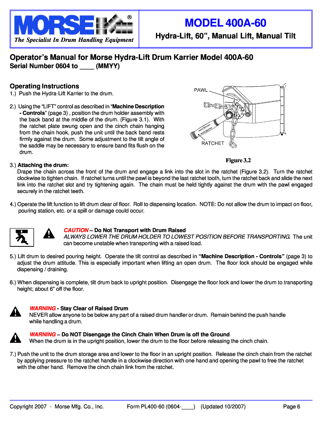 HydroSurge warranty Serial Number 0604 to MMYY Operating Instructions, Attaching the drum, MODEL 400A-60 