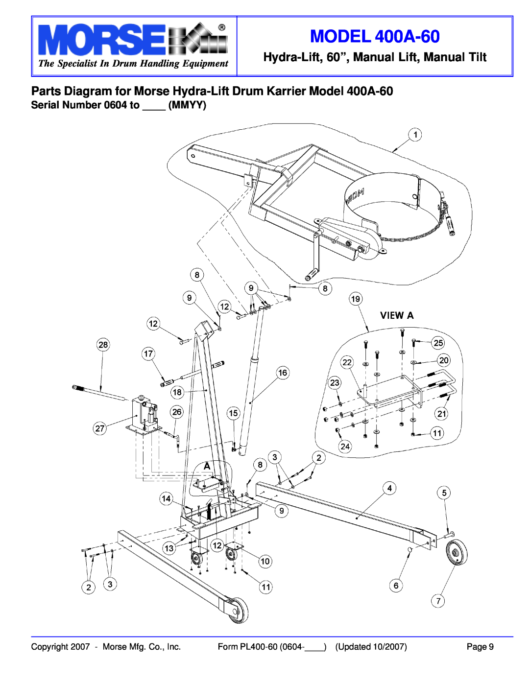 HydroSurge Parts Diagram for Morse Hydra-Lift Drum Karrier Model 400A-60, MODEL 400A-60, Serial Number 0604 to MMYY 