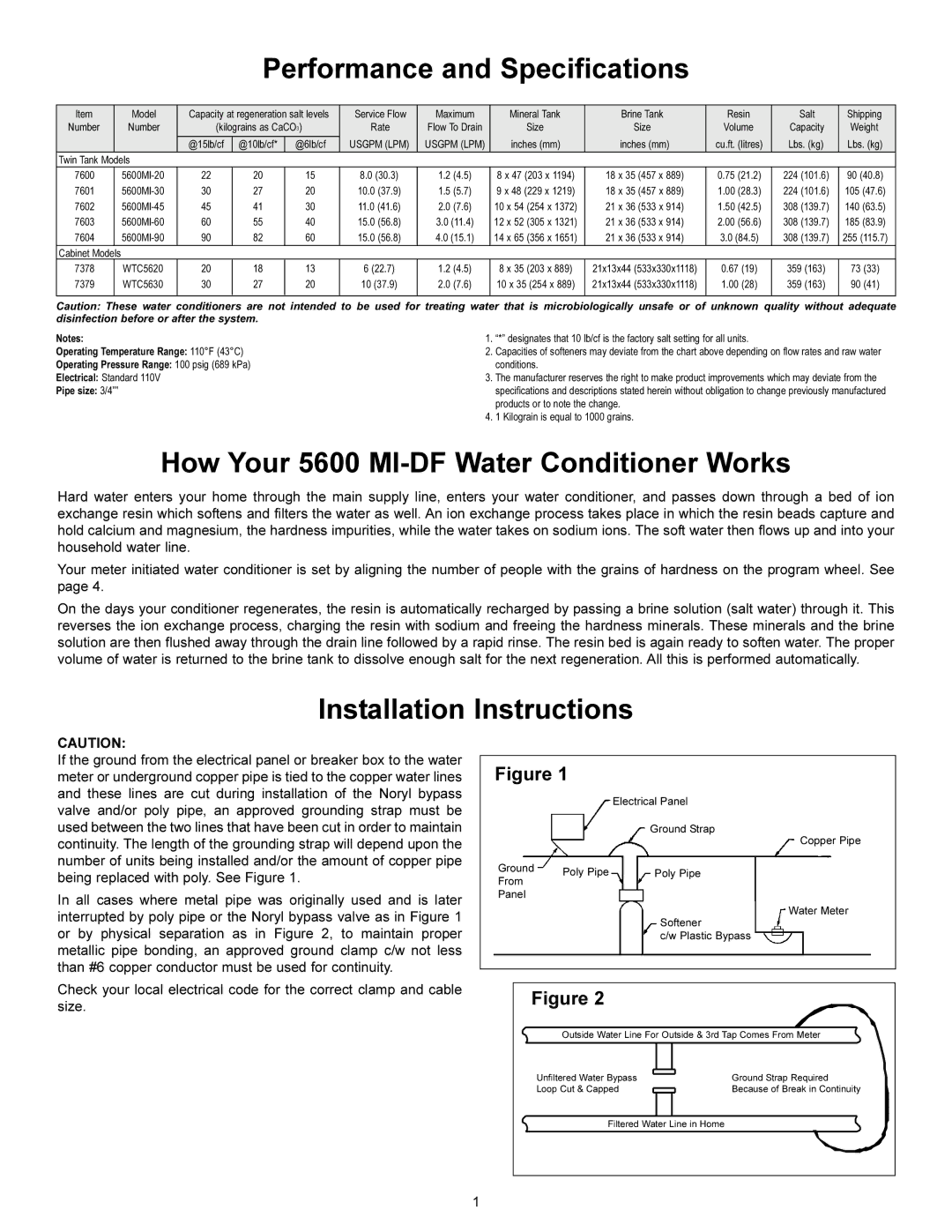 HydroSurge Performance and Specifications, How Your 5600 MI-DF Water Conditioner Works, Installation Instructions 