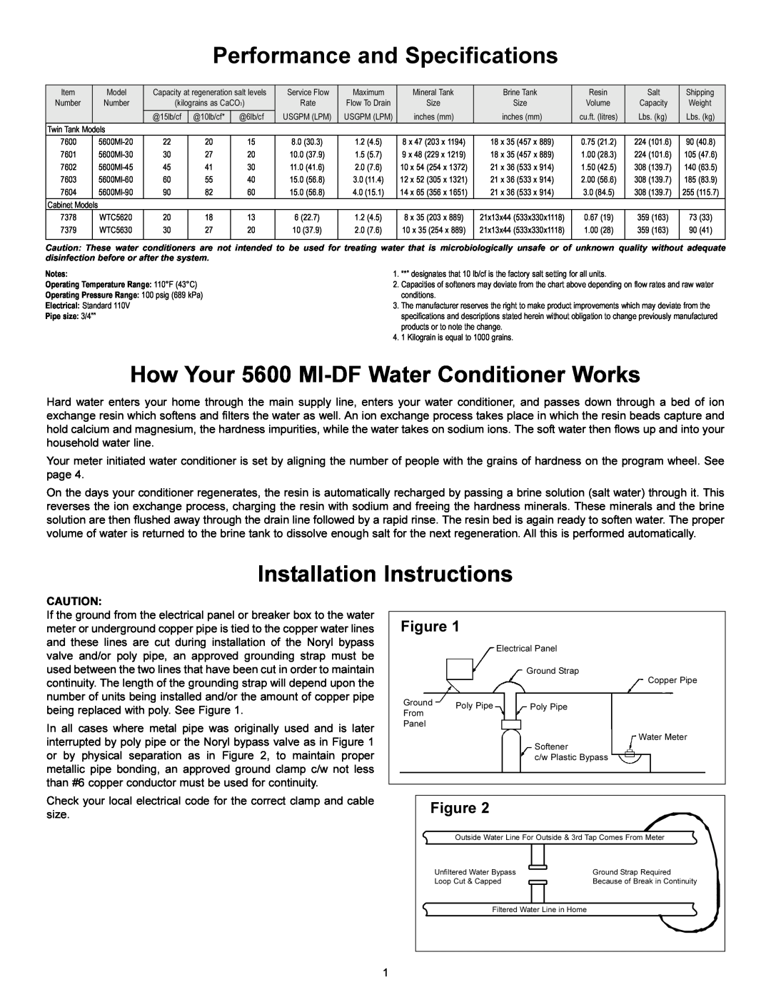 HydroSurge Performance and Specifications, How Your 5600 MI-DF Water Conditioner Works, Installation Instructions 