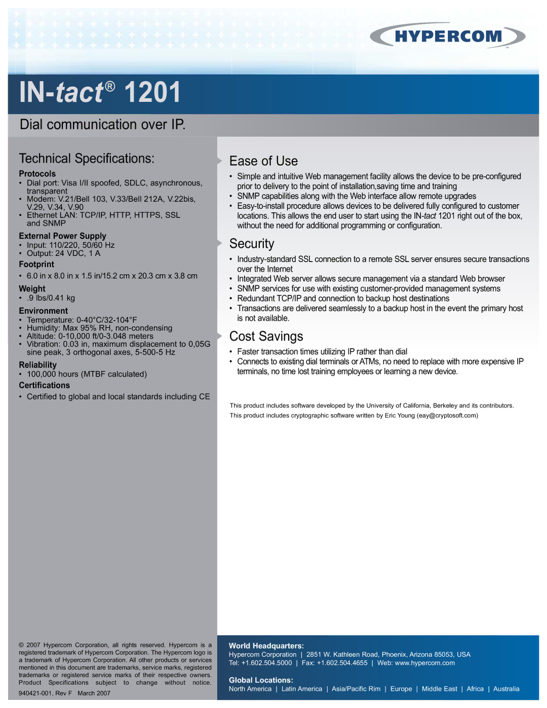 Hypercom 1201 manual Technical Specifications, Ease of Use, Security, Cost Savings 