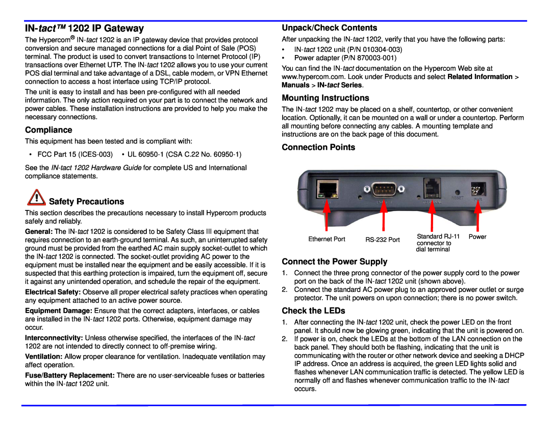 Hypercom manual IN-tact 1202 IP Gateway, Compliance, Safety Precautions, Unpack/Check Contents, Mounting Instructions 