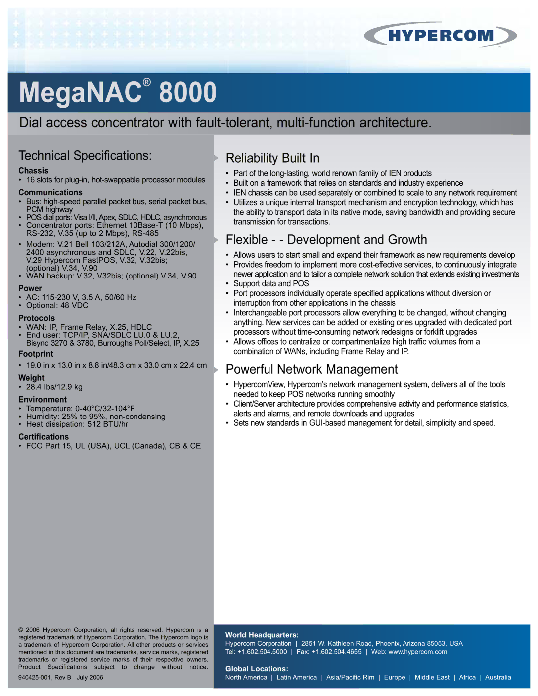 Hypercom manual MegaNAC 8000, Reliability Built, Flexible - Development and Growth, Powerful Network Management 