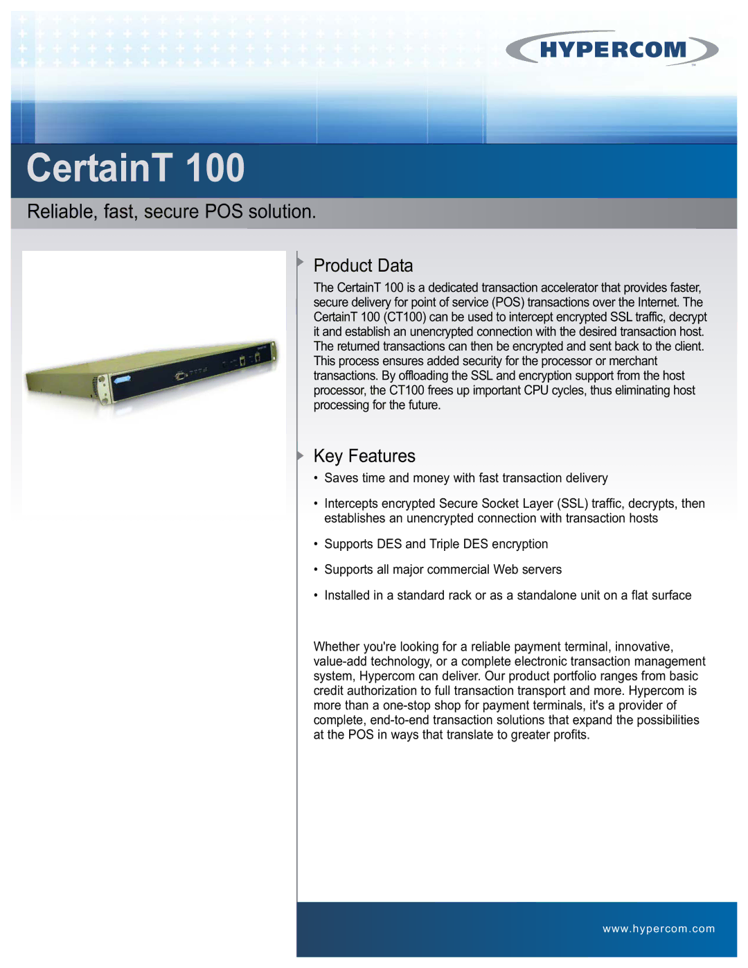 Hypercom CertainT 100 manual Product Data, Key Features 