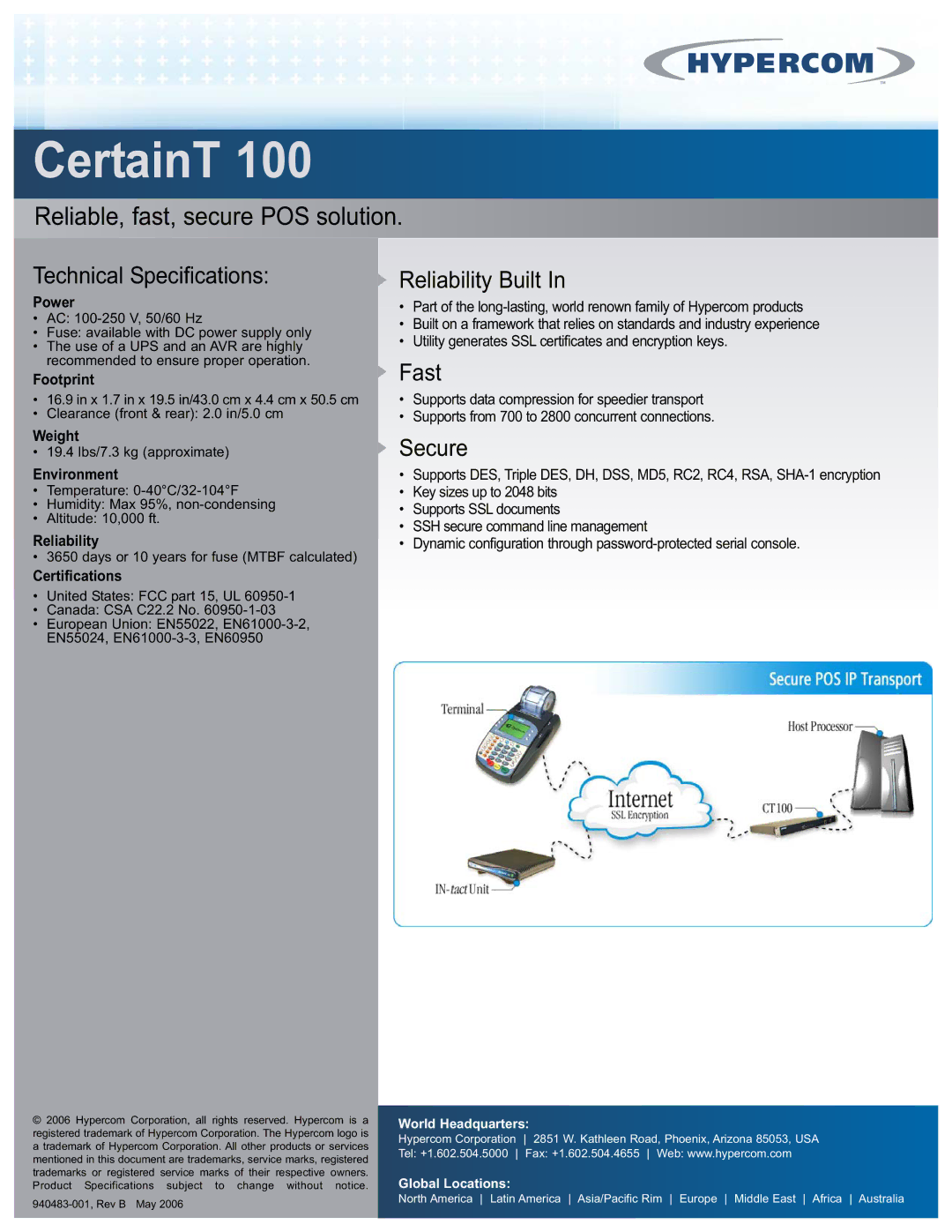 Hypercom CertainT 100 manual Technical Specifications, Reliability Built, Fast, Secure 