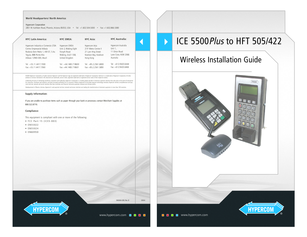 Hypercom manual ICE 5500Plus to HFT 505/422, Wireless Installation Guide, World Headquarters/ North America, Hyc Emea 