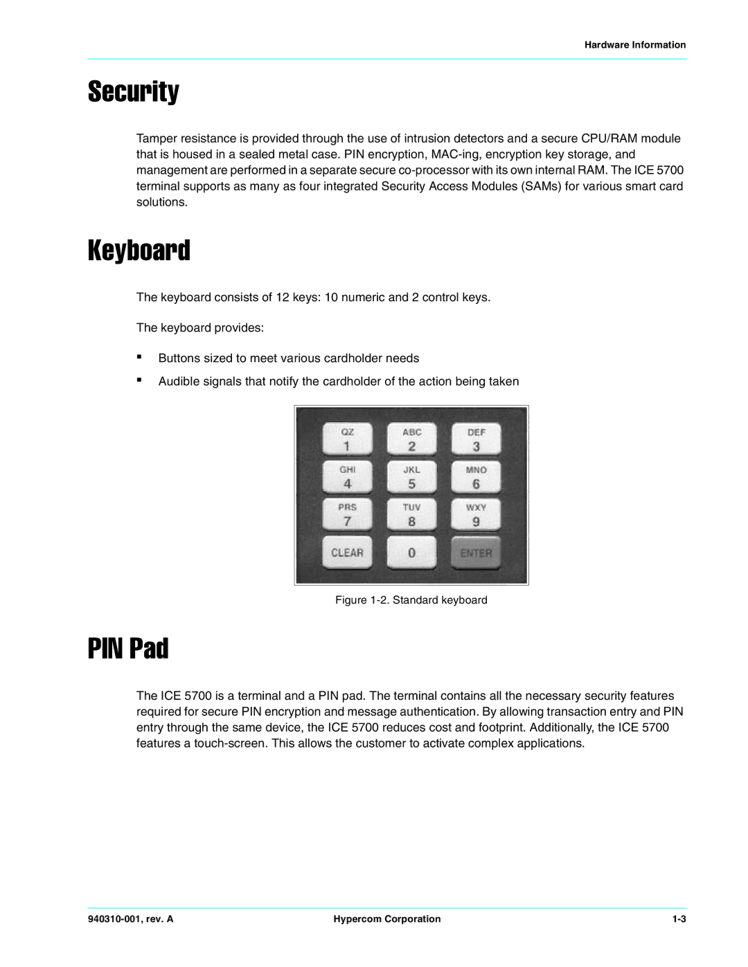 Hypercom ICE 5700 manual Security, Keyboard, PIN Pad 