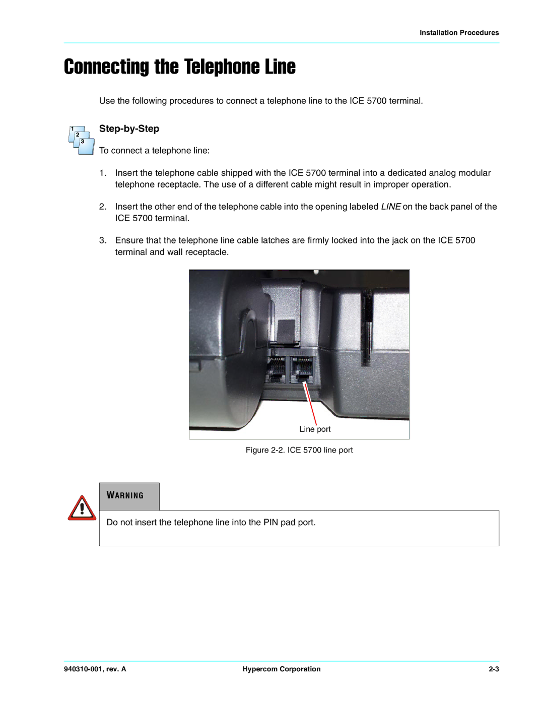 Hypercom manual Connecting the Telephone Line, ICE 5700 line port 