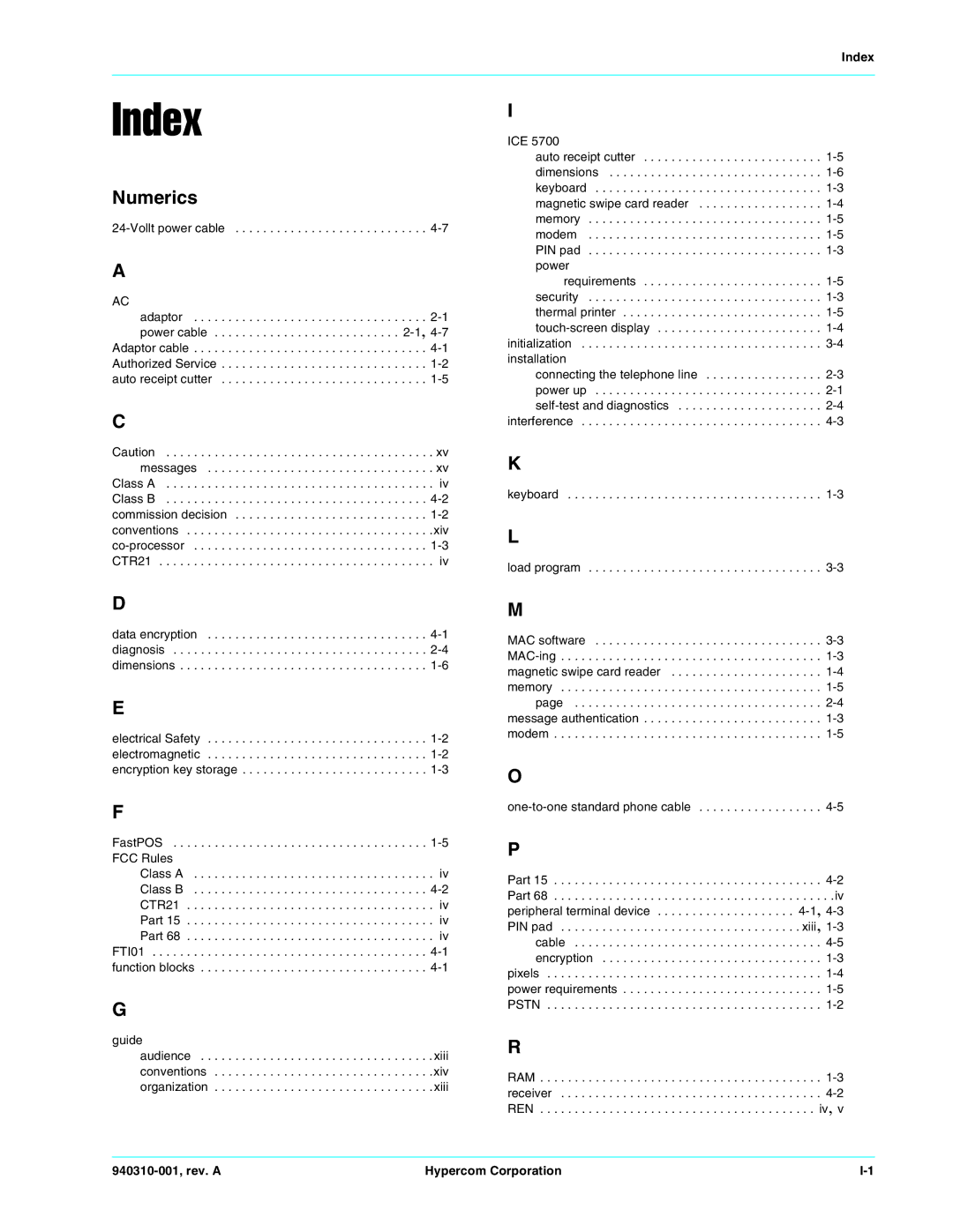 Hypercom ICE 5700 manual Index, Numerics 