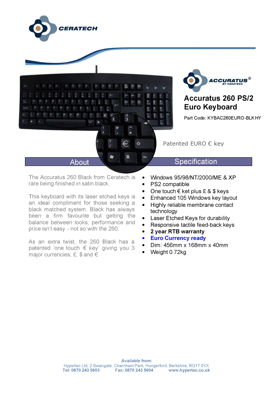 Hypertec warranty About, Accuratus 260 PS/2 Euro Keyboard, Specification 