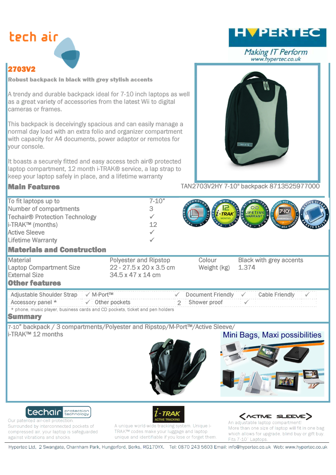 Hypertec 2703V2 warranty Main Features, Materials and Construction, Other features, Summary 