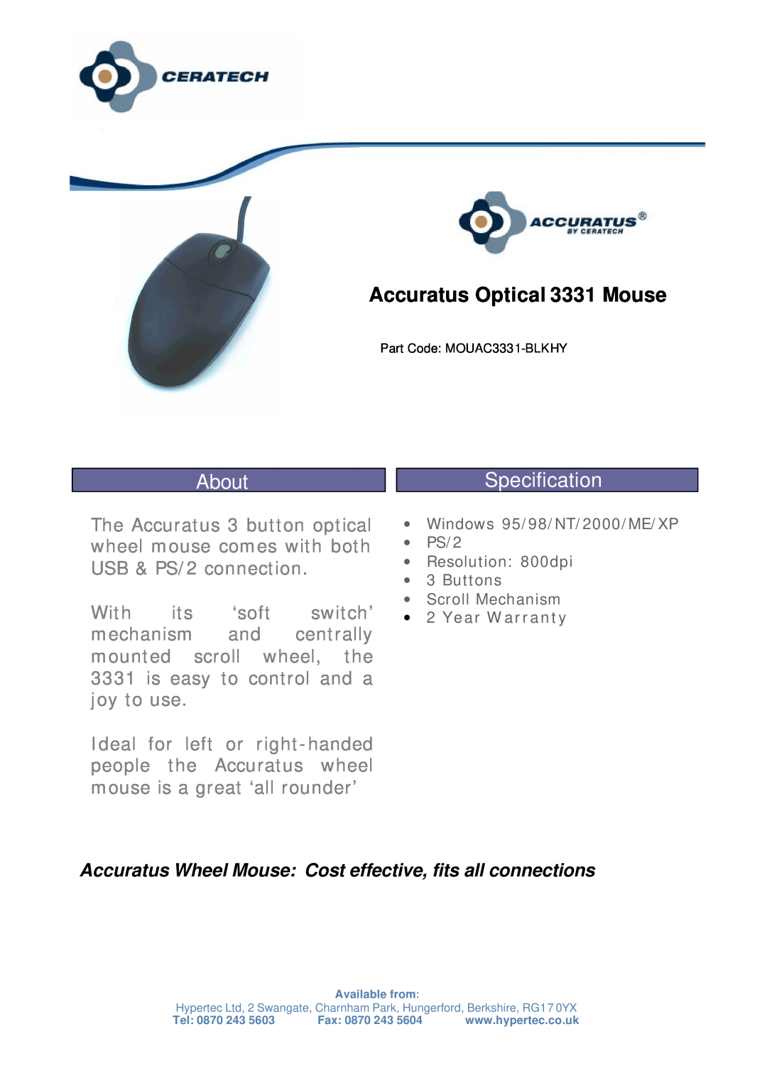 Hypertec warranty Accuratus Optical 3331 Mouse, About, Specification 