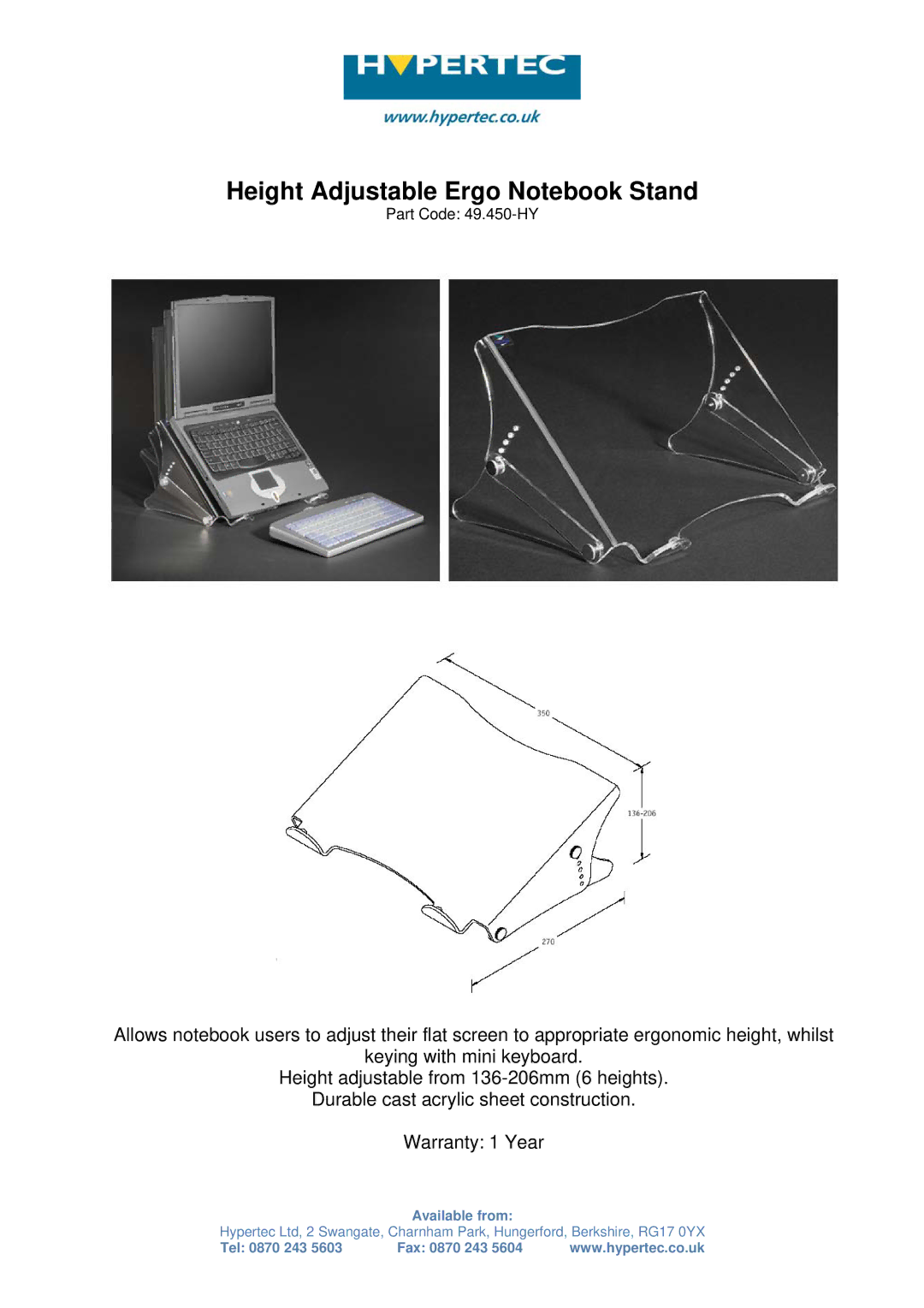 Hypertec 49.450-HY warranty Height Adjustable Ergo Notebook Stand 