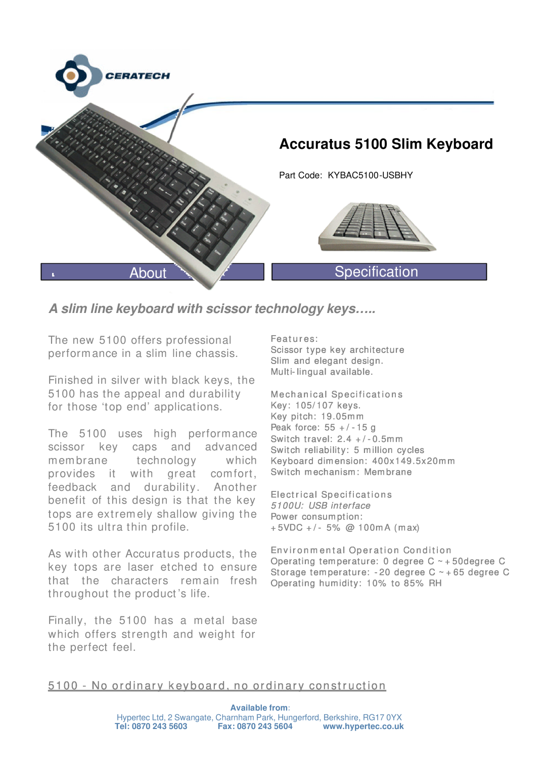 Hypertec specifications About, Accuratus 5100 Slim Keyboard, Specification 
