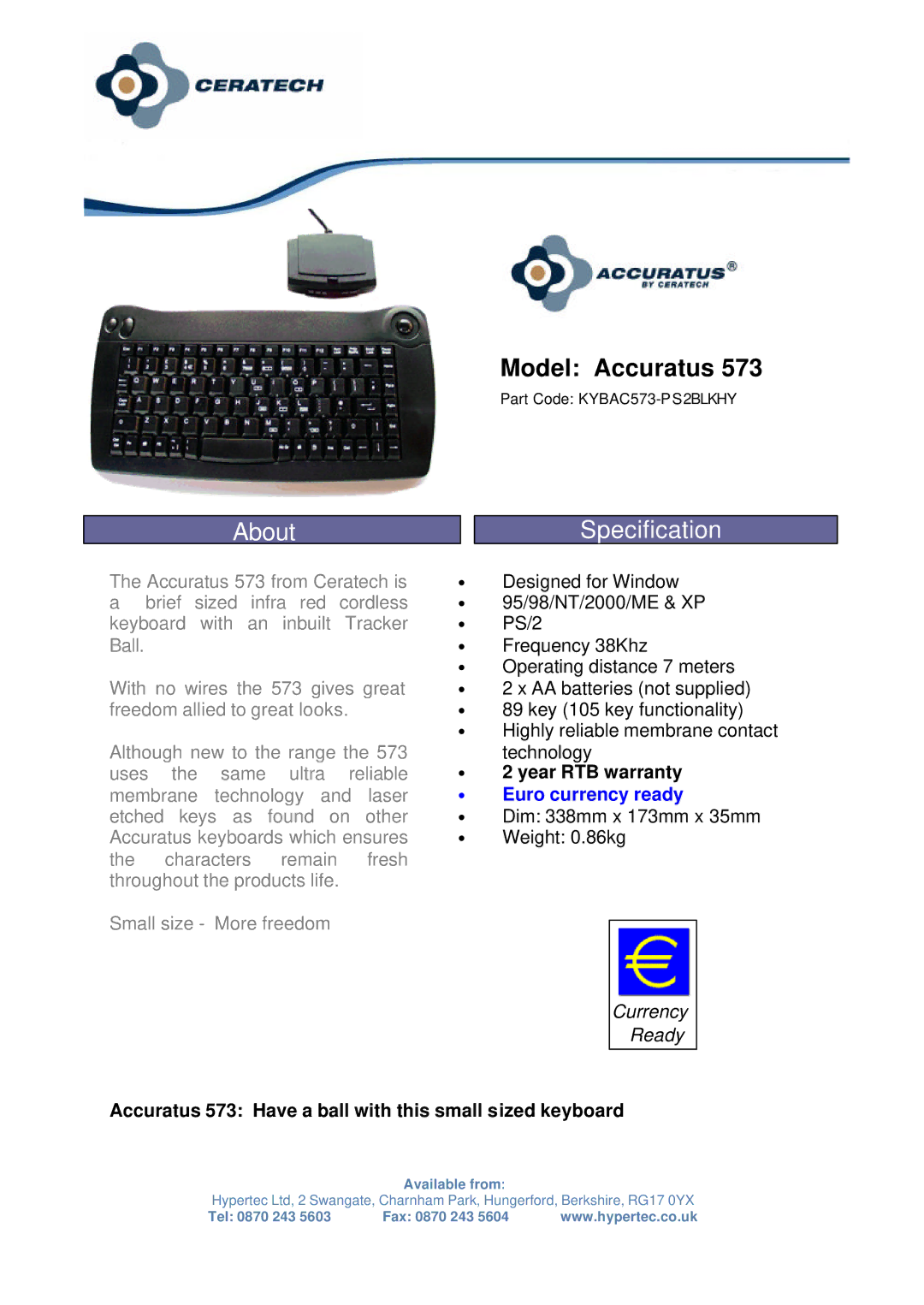 Hypertec 573 warranty About, Model Accuratus, Specification, ∙ Euro currency ready 