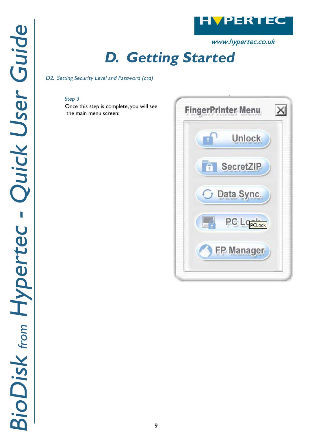 Hypertec BioDisk manual D2. Setting Security Level and Password ctd Step 