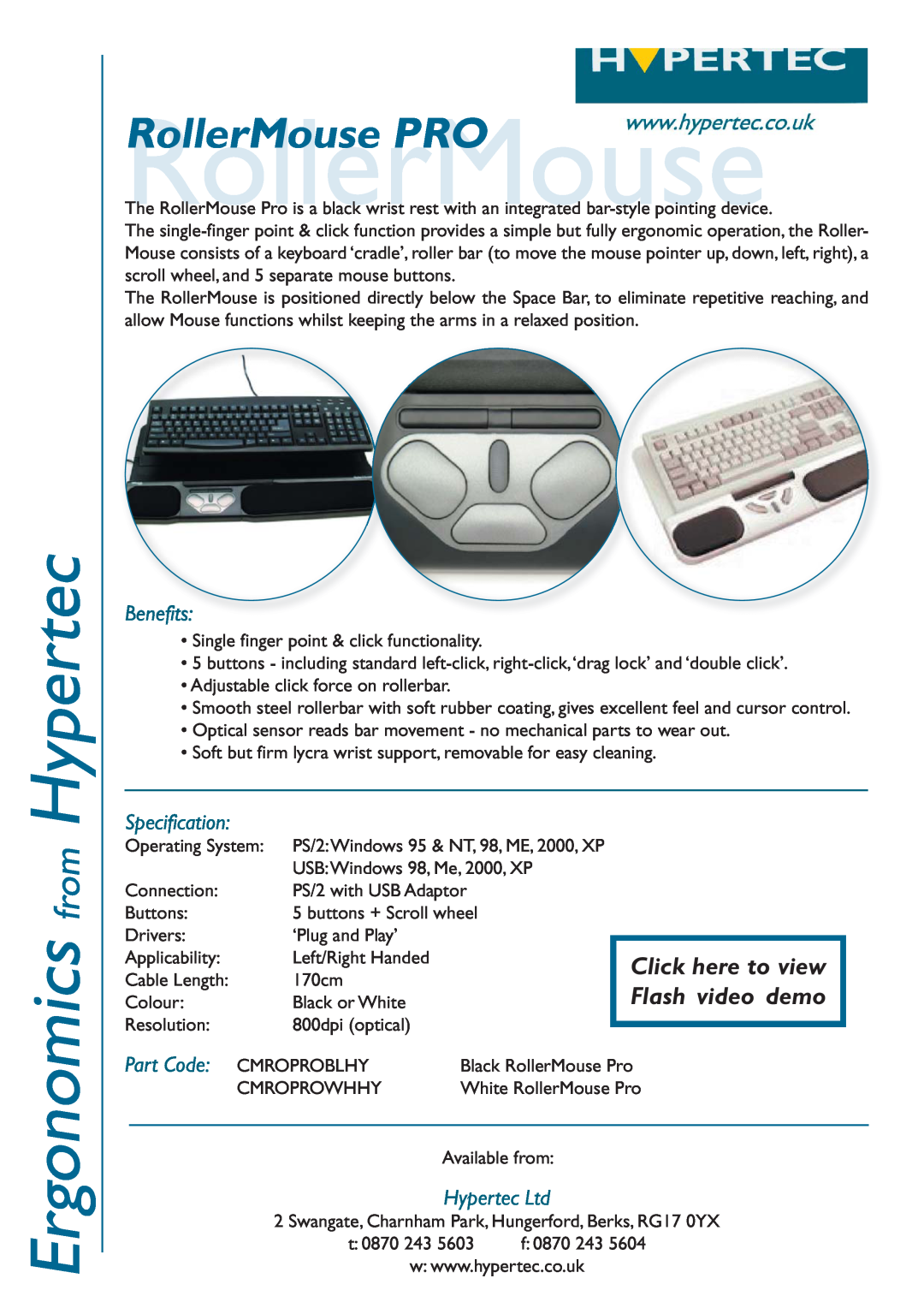 Hypertec CMROPROWHHY manual Hypertec, Ergonomics, RollerMouse PRO, from, Click here to view Flash video demo, Benefits 