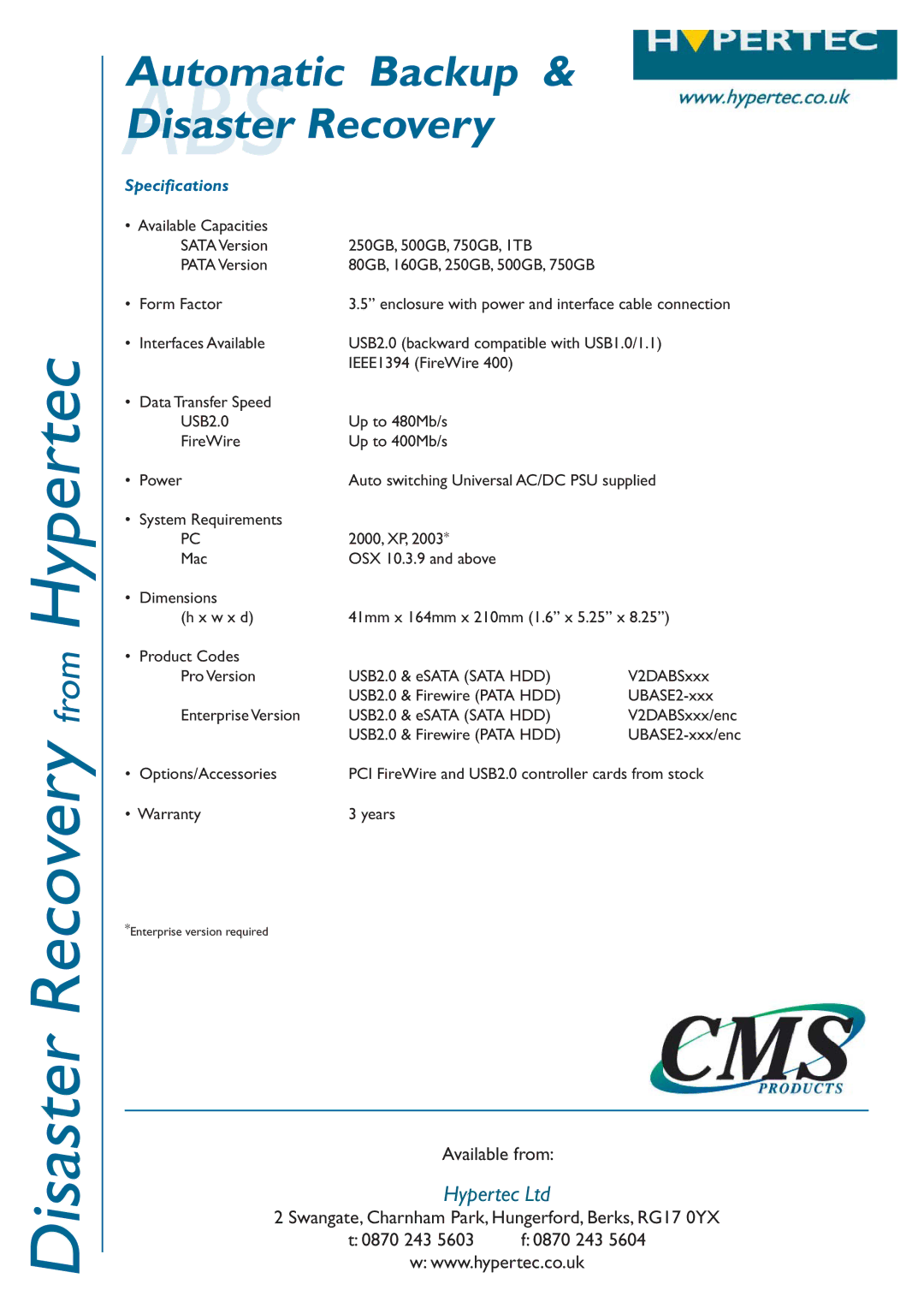 Hypertec CMS ABS manual Automatic Backup ABSDisaster Recovery, Specifications 