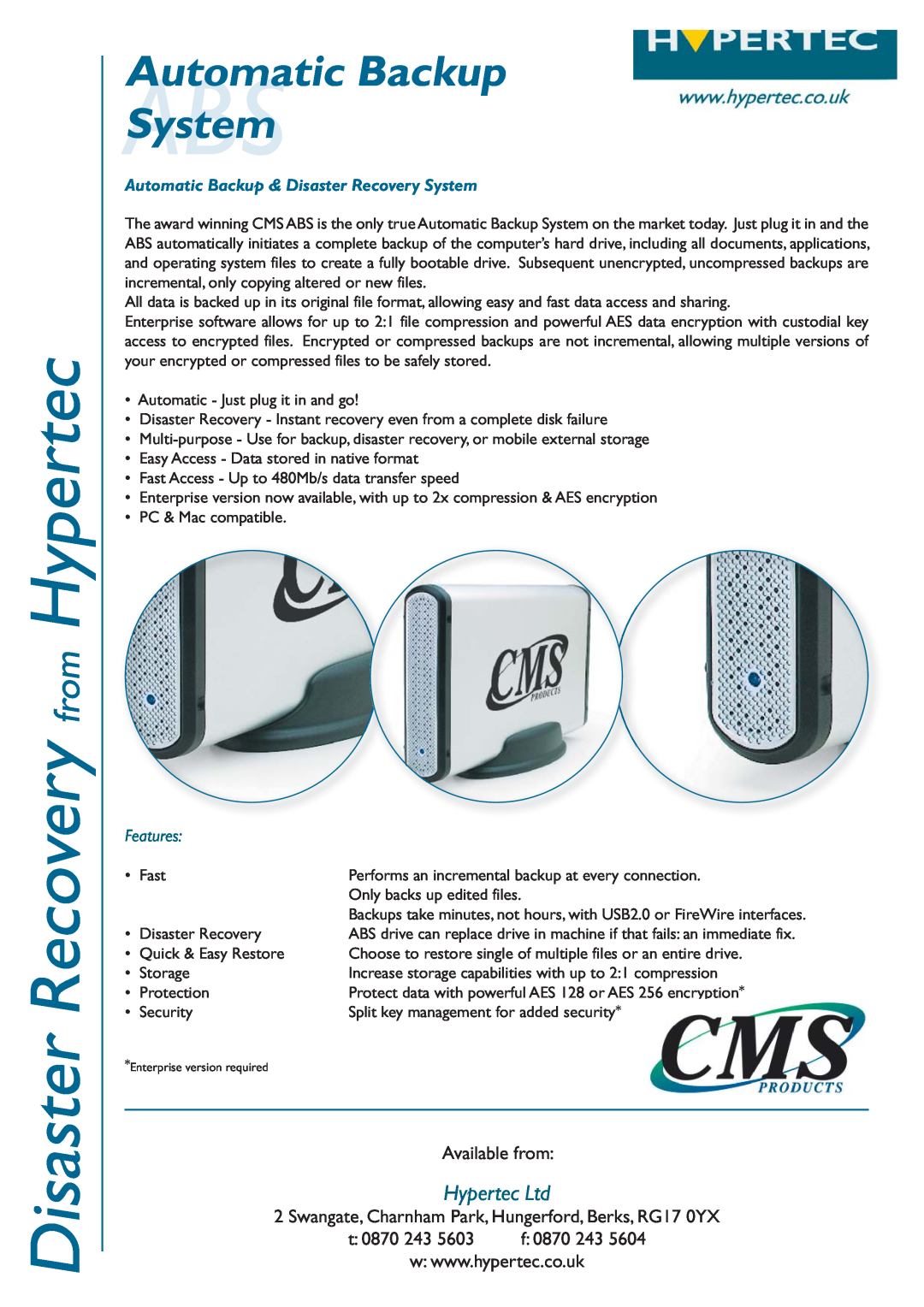 Hypertec CMS ABS manual Disaster Recovery from Hypertec, Automatic Backup ABSSystem, Available from, t 0870 243, f 0870 