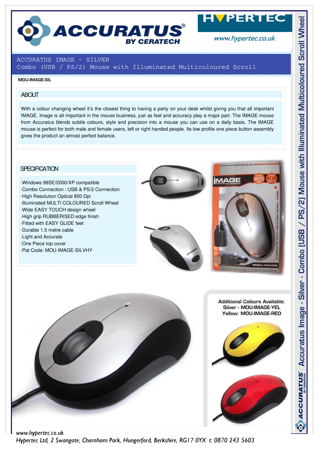 Hypertec Combo Mouse manual Accuratus Image - Silver, Combo USB / PS/2 Mouse with Illuminated Multicoloured Scroll, About 