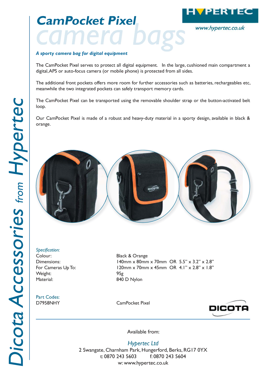 Hypertec D7958NHY dimensions Camera bags, Sporty camera bag for digital equipment, Specification 