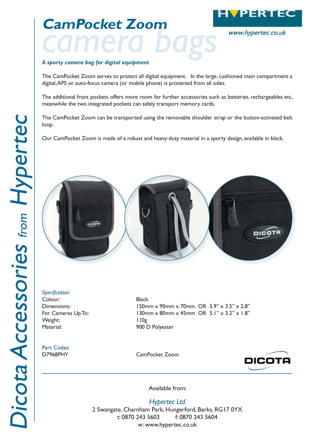 Hypertec D7968PHY dimensions Camera bags, Sporty camera bag for digital equipment, Specification 