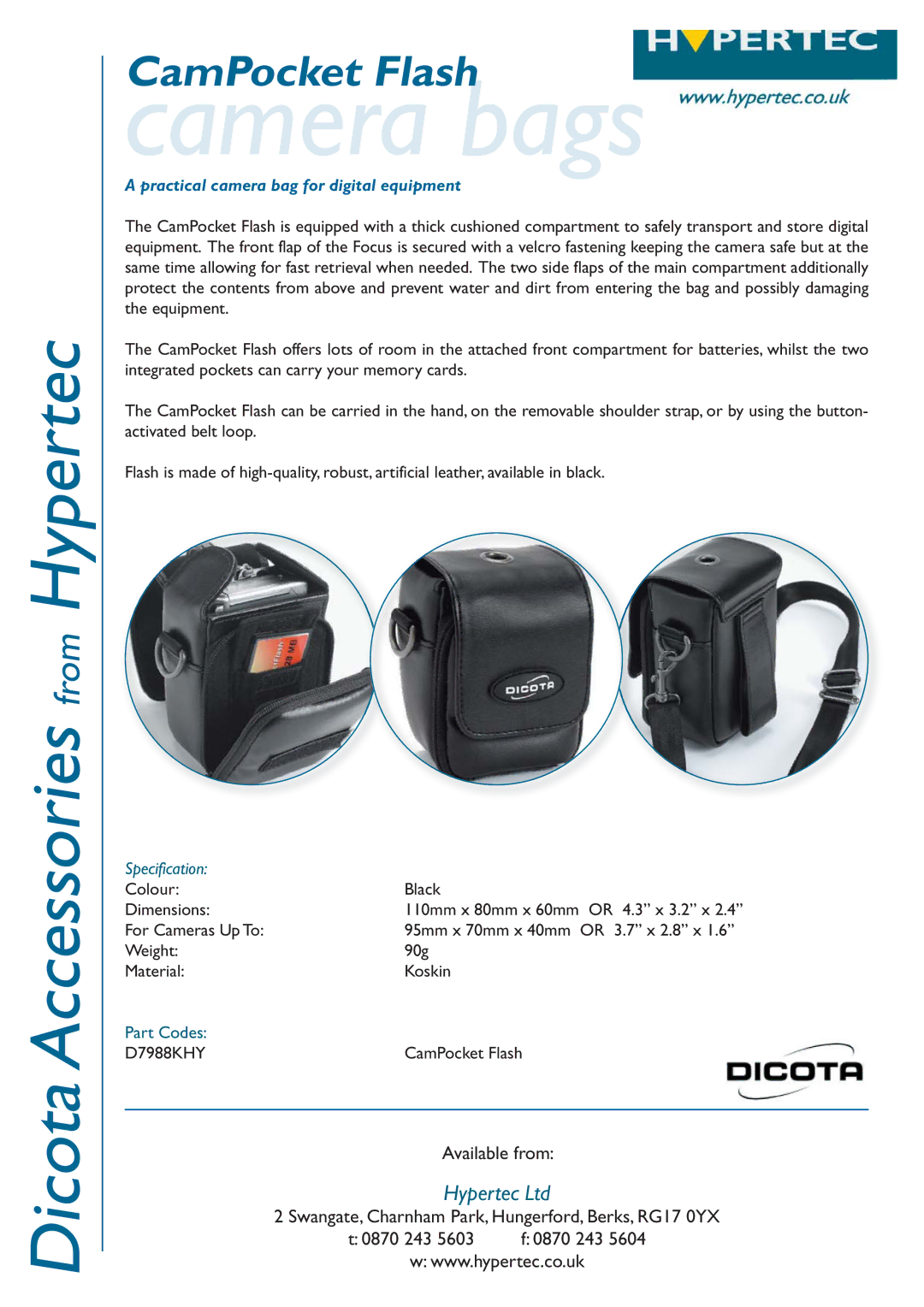 Hypertec D7988KHY dimensions Camera bags, Practical camera bag for digital equipment, Specification 