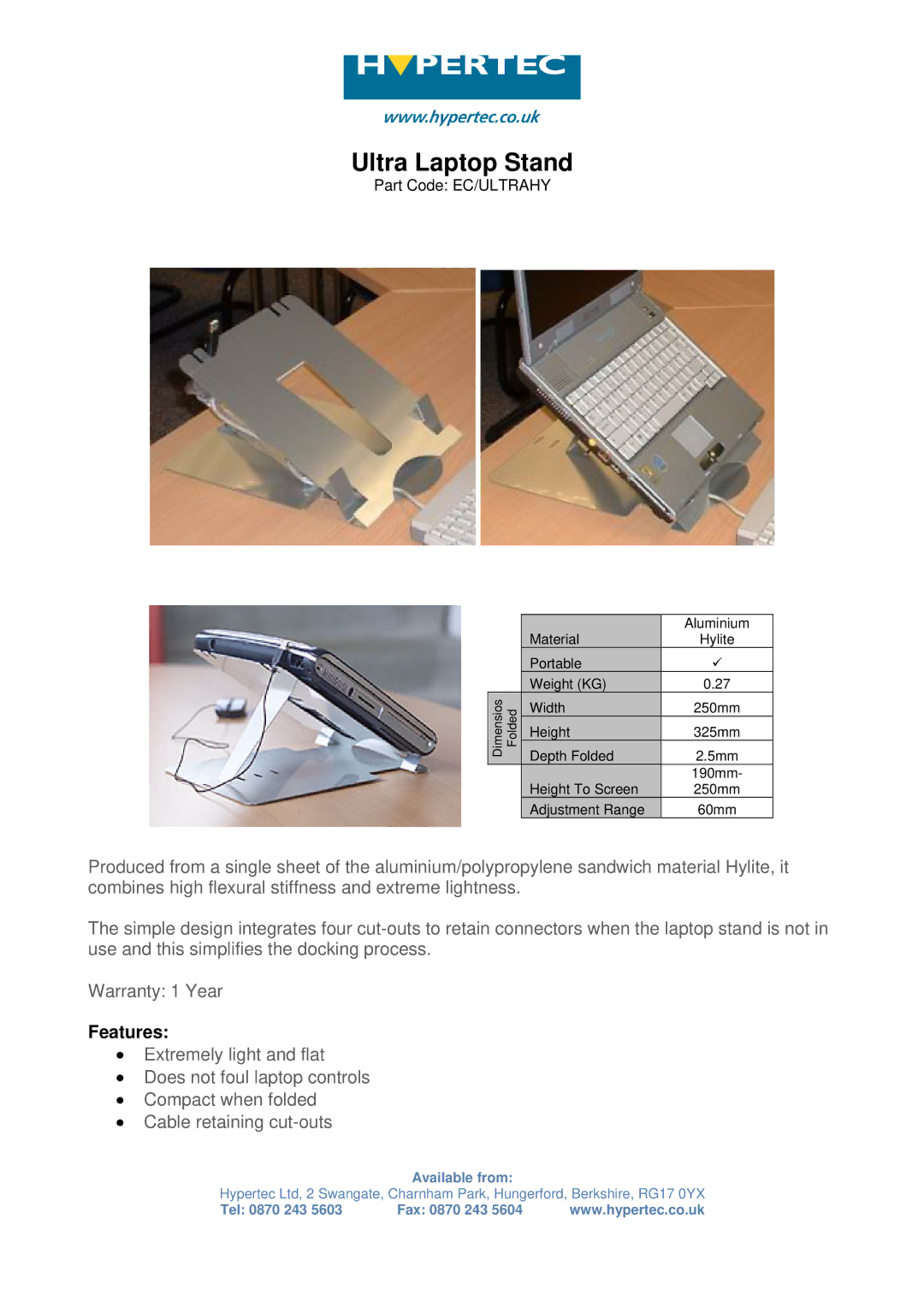 Hypertec warranty Ultra Laptop Stand, Features, Part Code EC/ULTRAHY 