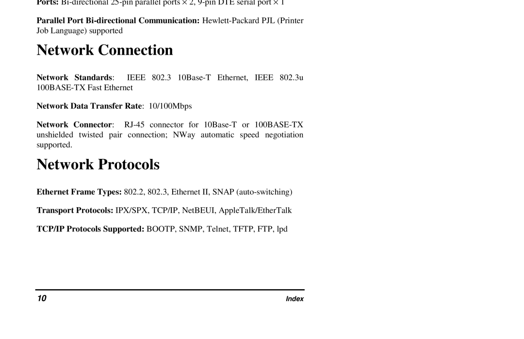 Hypertec FastPrint Multiprotocol Ethernet/Fast Ethernet Print Server Hardware manual Network Connection, Network Protocols 