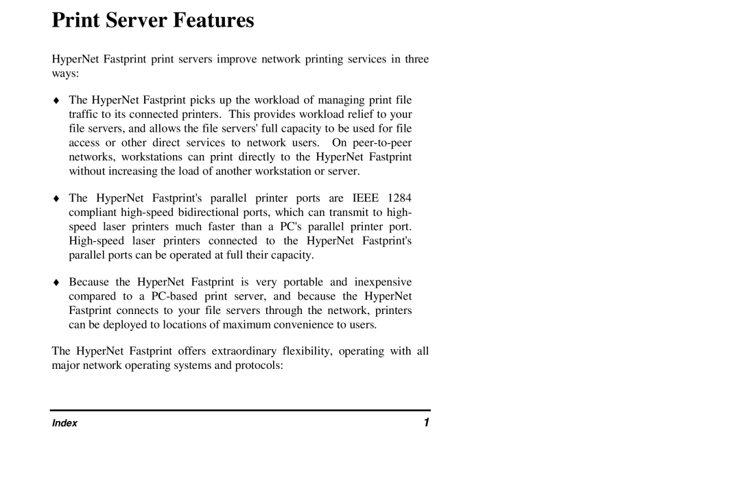 Hypertec FastPrint Multiprotocol Ethernet/Fast Ethernet Print Server Hardware manual Print Server Features 