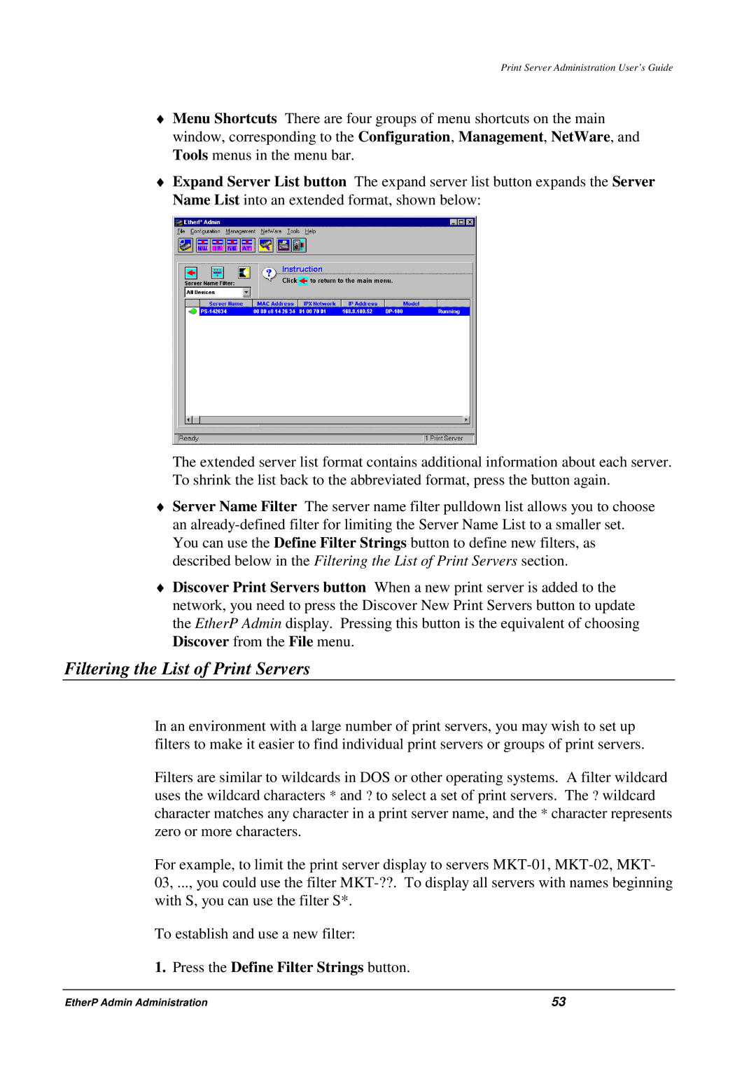 Hypertec Fastprint Multiprotocol Ethernet/Fast Ethernet Print Server manual Filtering the List of Print Servers 