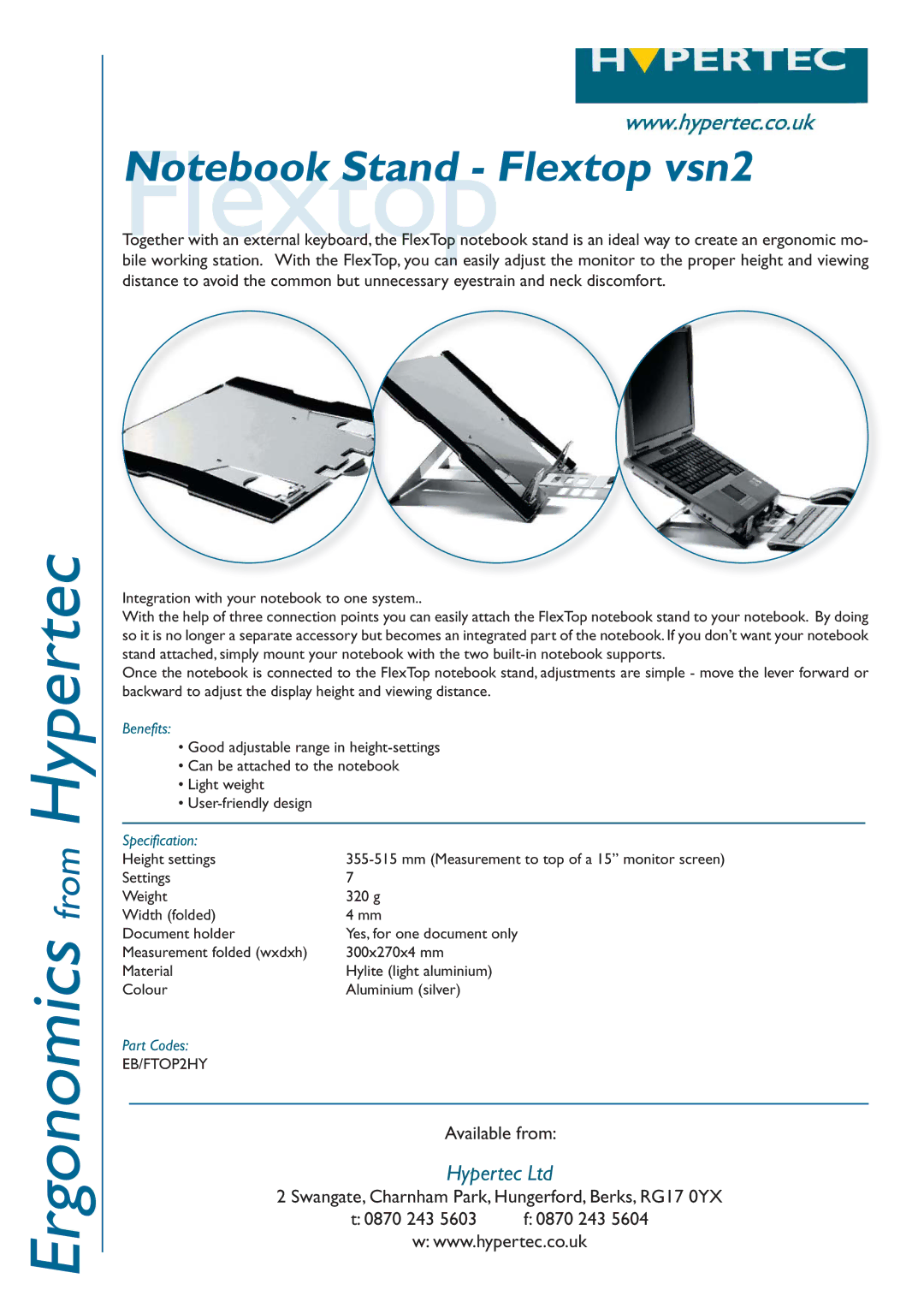 Hypertec manual Ergonomics from Hypertec, FlextopNotebook Stand Flextop vsn2, Benefits, Specification, Part Codes 