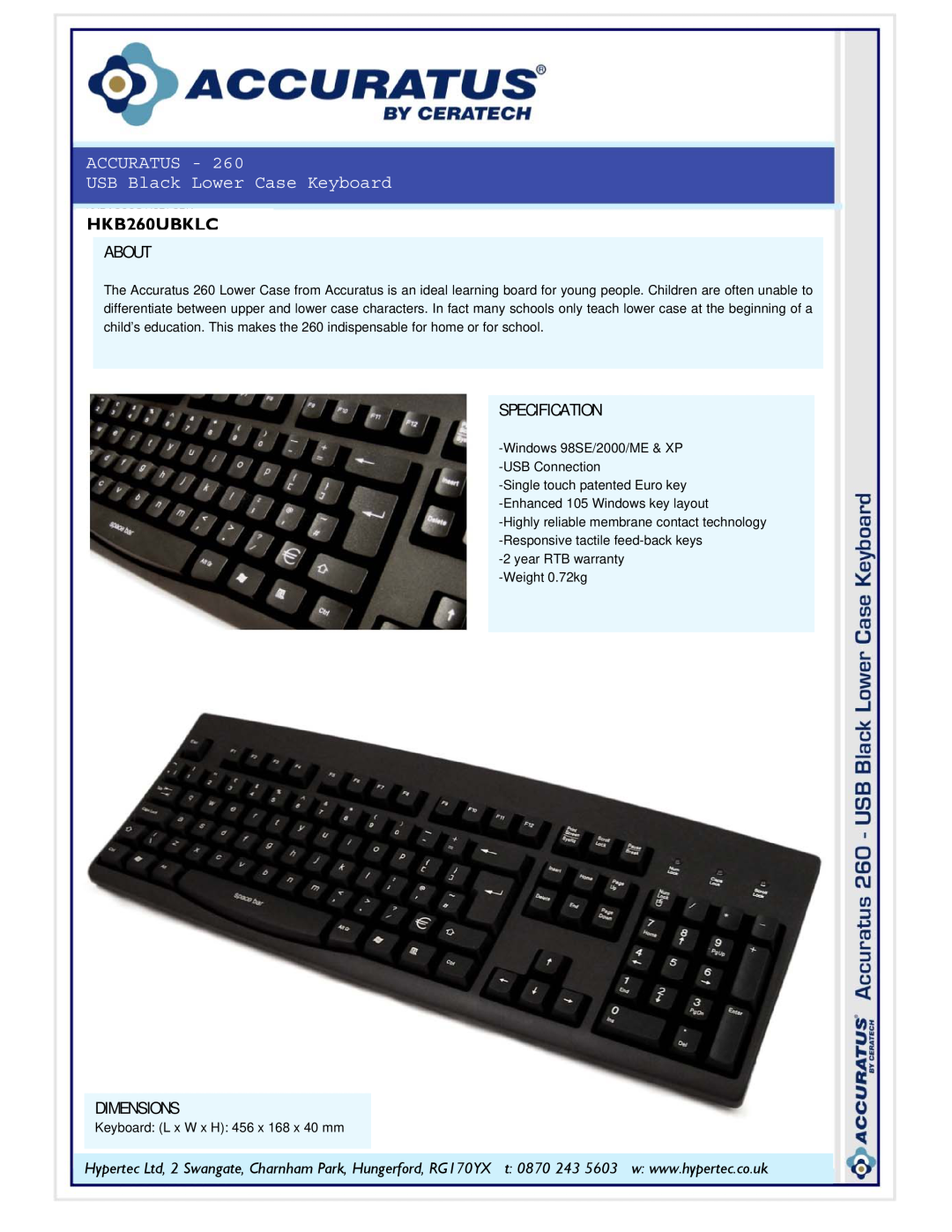 Hypertec HKB260UBKLC dimensions ACCURATUS USB Black Lower Case Keyboard, About, Specification, Dimensions 