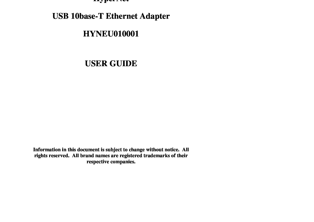 Hypertec manual USB 10base-T Ethernet Adapter HYNEU010001 USER GUIDE 