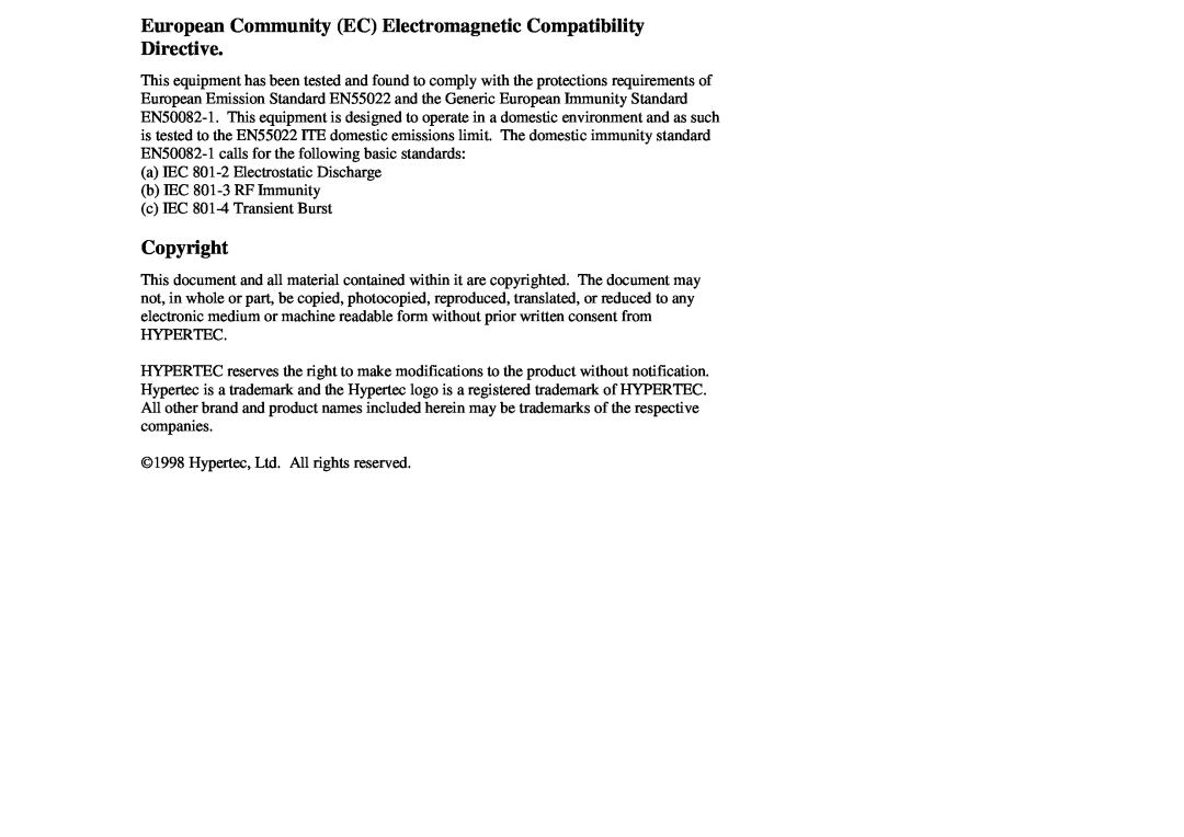 Hypertec HYNEU010001 manual European Community EC Electromagnetic Compatibility Directive, Copyright 