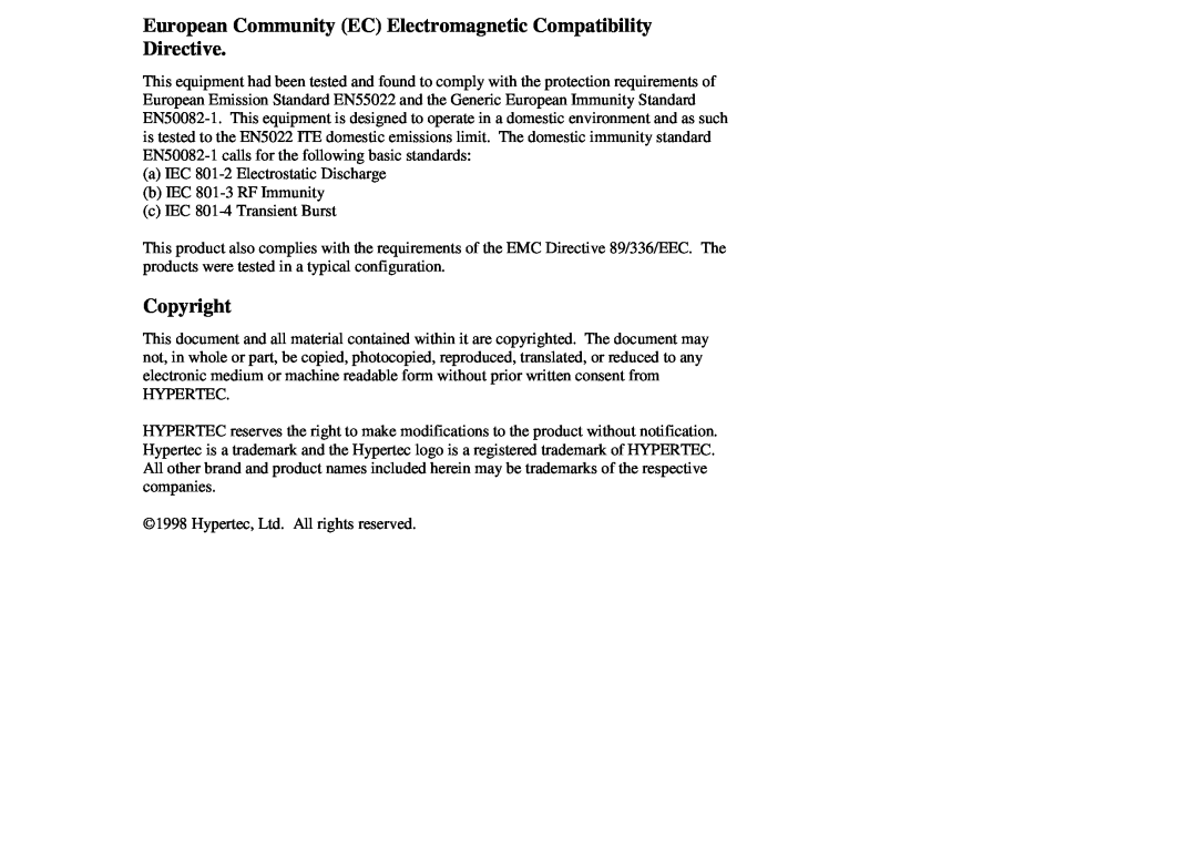 Hypertec HYNTR70002 manual European Community EC Electromagnetic Compatibility Directive, Copyright 