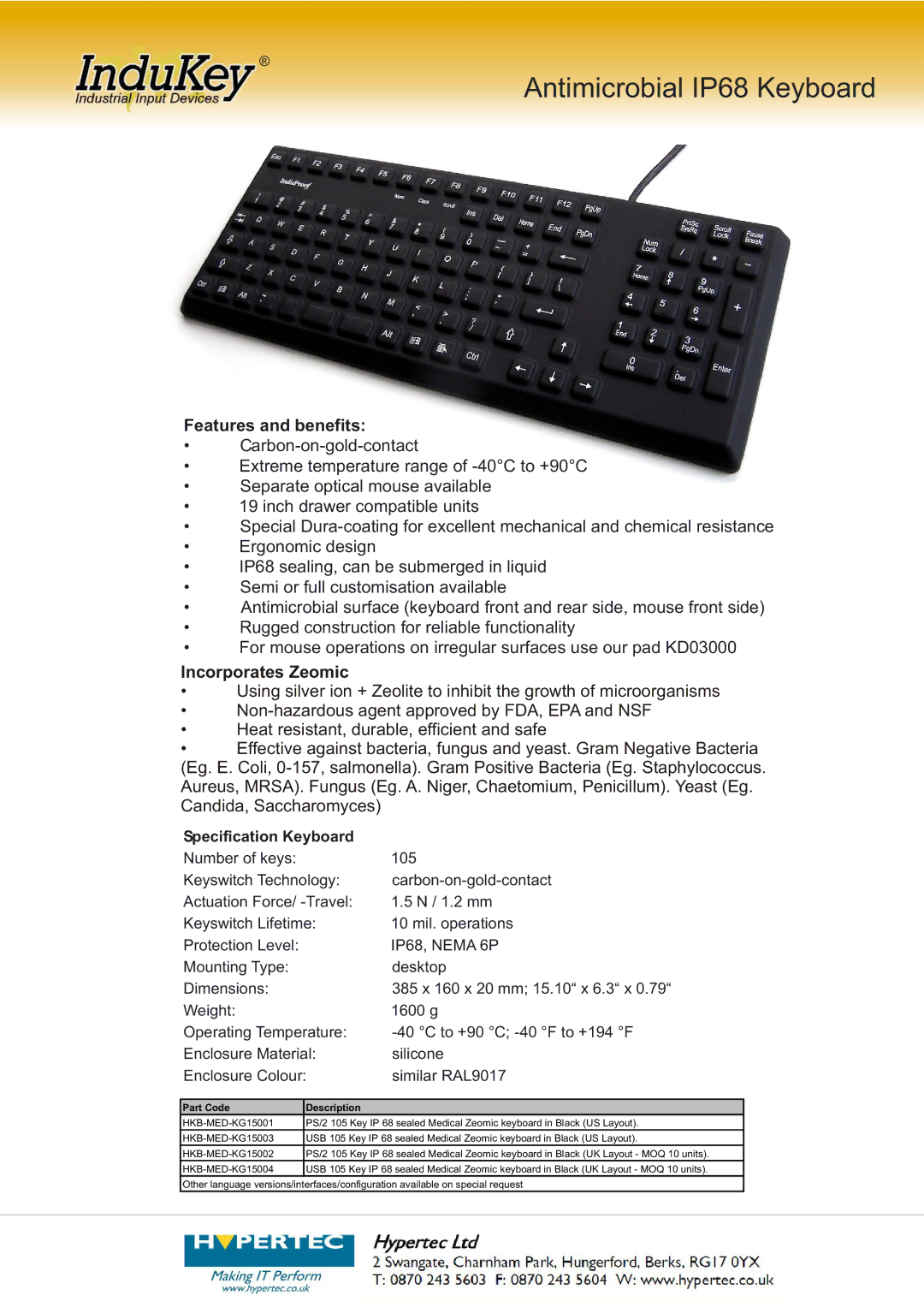 Hypertec dimensions Antimicrobial IP68 Keyboard, Features and benefits, Incorporates Zeomic, Specification Keyboard 