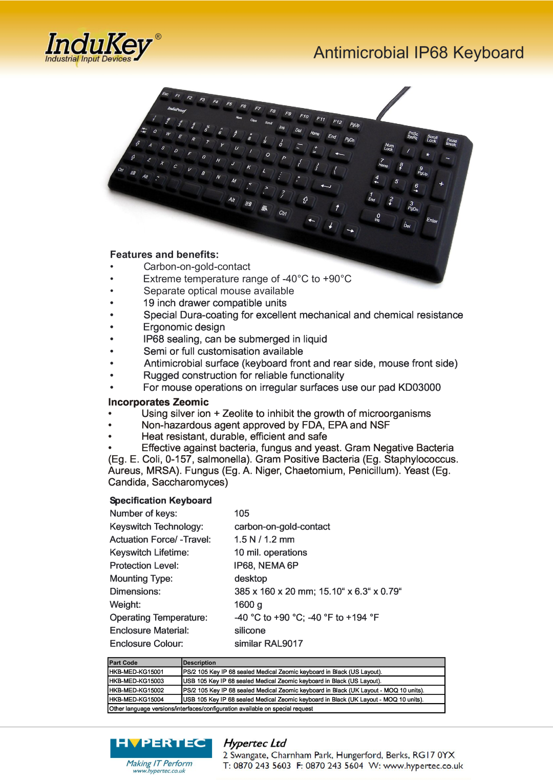Hypertec dimensions Antimicrobial IP68 Keyboard, Features and benefits, Semi or full customisation available 
