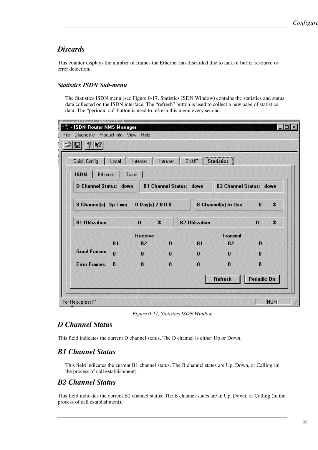 Hypertec ISDN 10T Router manual Discards, B1 Channel Status, B2 Channel Status, Statistics Isdn Sub-menu 