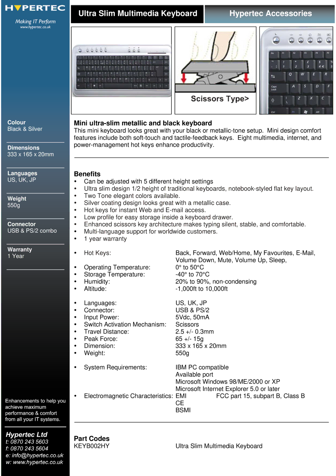 Hypertec KEYB002HY dimensions Ultra Slim Multimedia Keyboard Hypertec Accessories, Benefits, Part Codes 