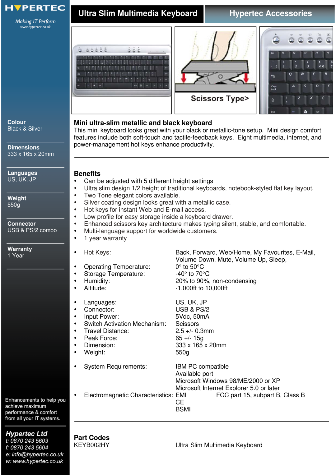 Hypertec KEYB002HY dimensions Ultra Slim Multimedia Keyboard, Hypertec Accessories, Benefits, Part Codes, Hot Keys 