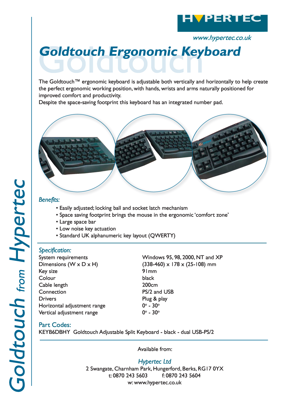 Hypertec KEYB6DBHY specifications Goldtouch from Hypertec, Benefits, Specification, Part Codes 