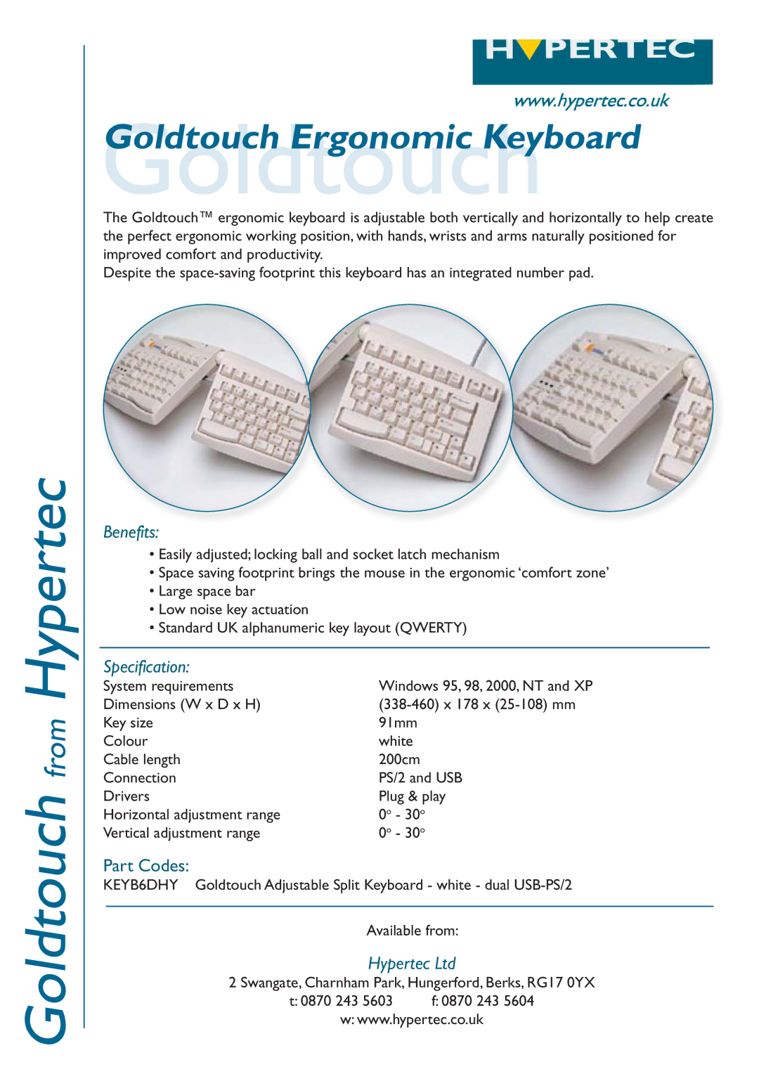 Hypertec KEYB6DHY specifications Goldtouch from Hypertec, Benefits, Specification, Part Codes 