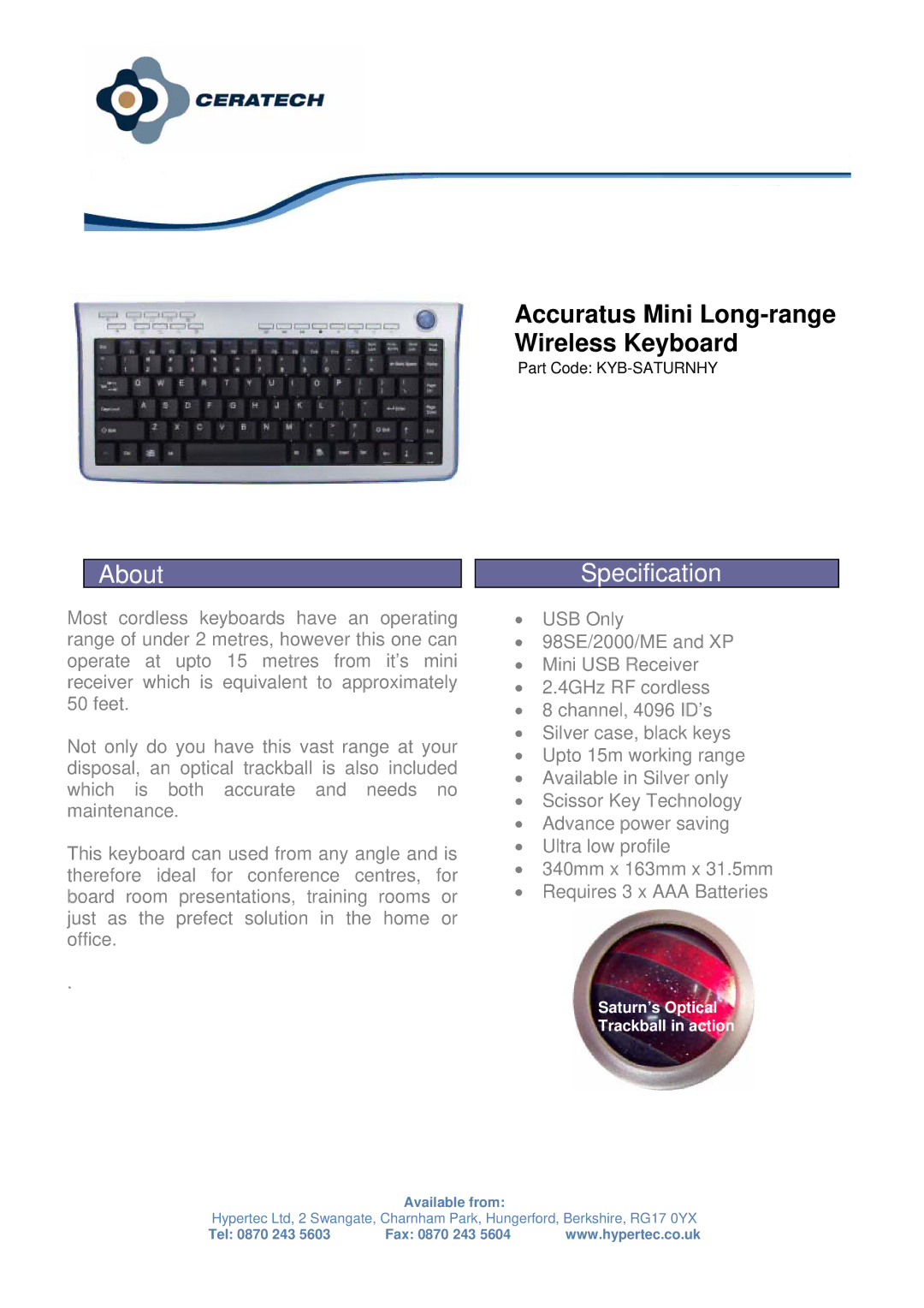 Hypertec KYB-SATURNHY manual About, Accuratus Mini Long-range Wireless Keyboard, Specification 