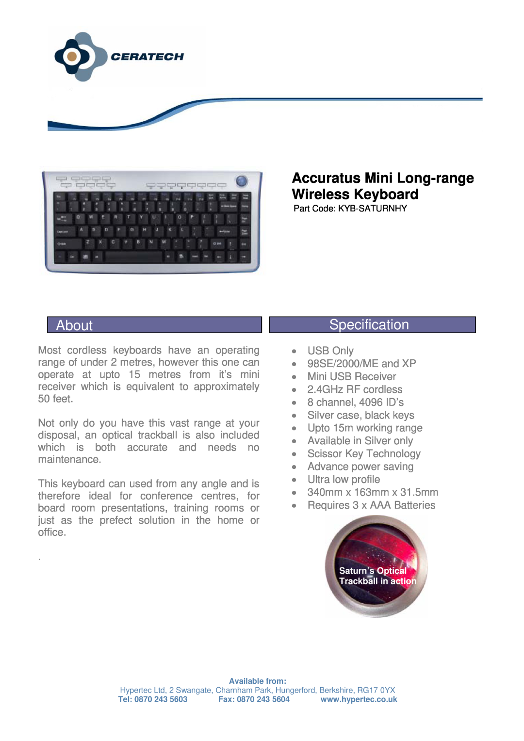 Hypertec KYB-SATURNHY manual About, Accuratus Mini Long-range Wireless Keyboard, Specification 