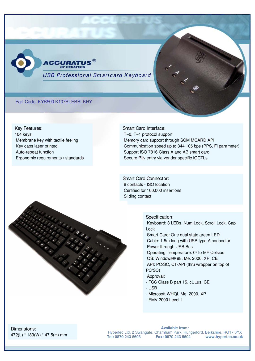 Hypertec dimensions USB Professional Smartcard Keyboard, Part Code KYB500-K107BUSBBLKHY 