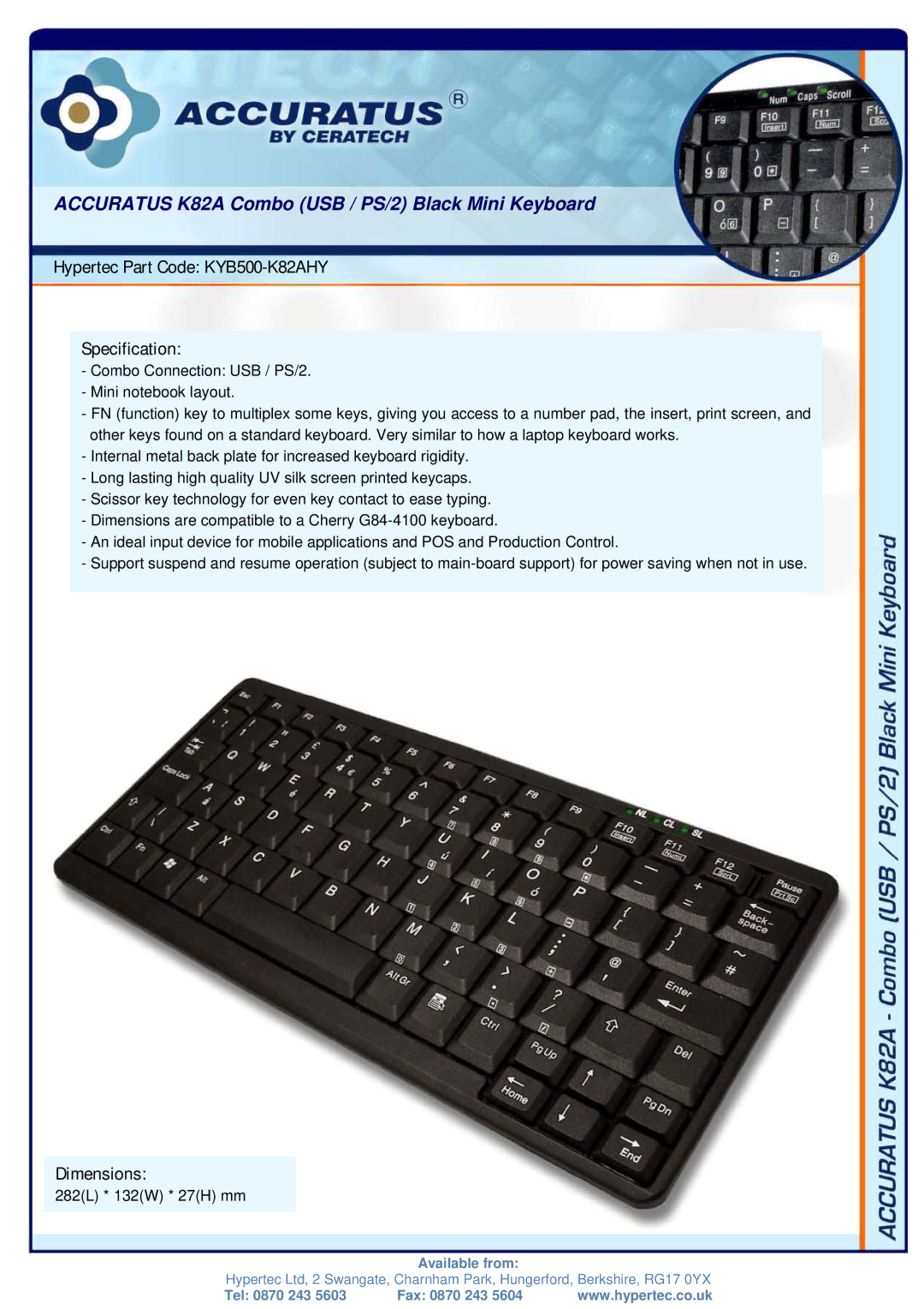 Hypertec KYB500-K82AHY dimensions Accuratus K82A Combo USB / PS/2 Black Mini Keyboard, Dimensions 