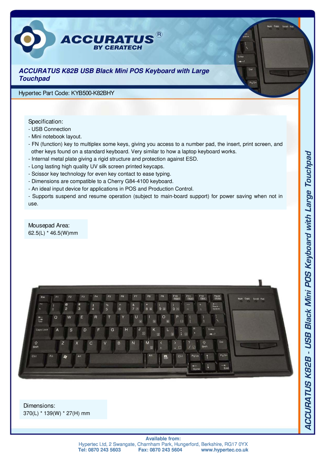 Hypertec KYB500-K82BHY dimensions ACCURATUS K82B USB Black Mini POS Keyboard with Large Touchpad, Mousepad Area 