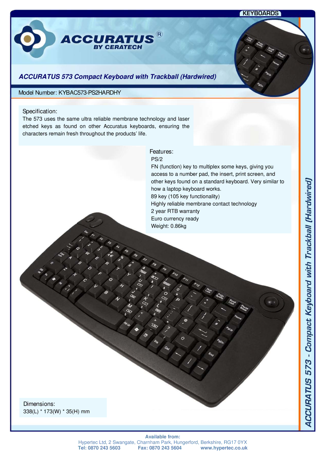 Hypertec KYBAC573-PS2HARDHY dimensions Accuratus 573 Compact Keyboard with Trackball Hardwired, Features, Dimensions 