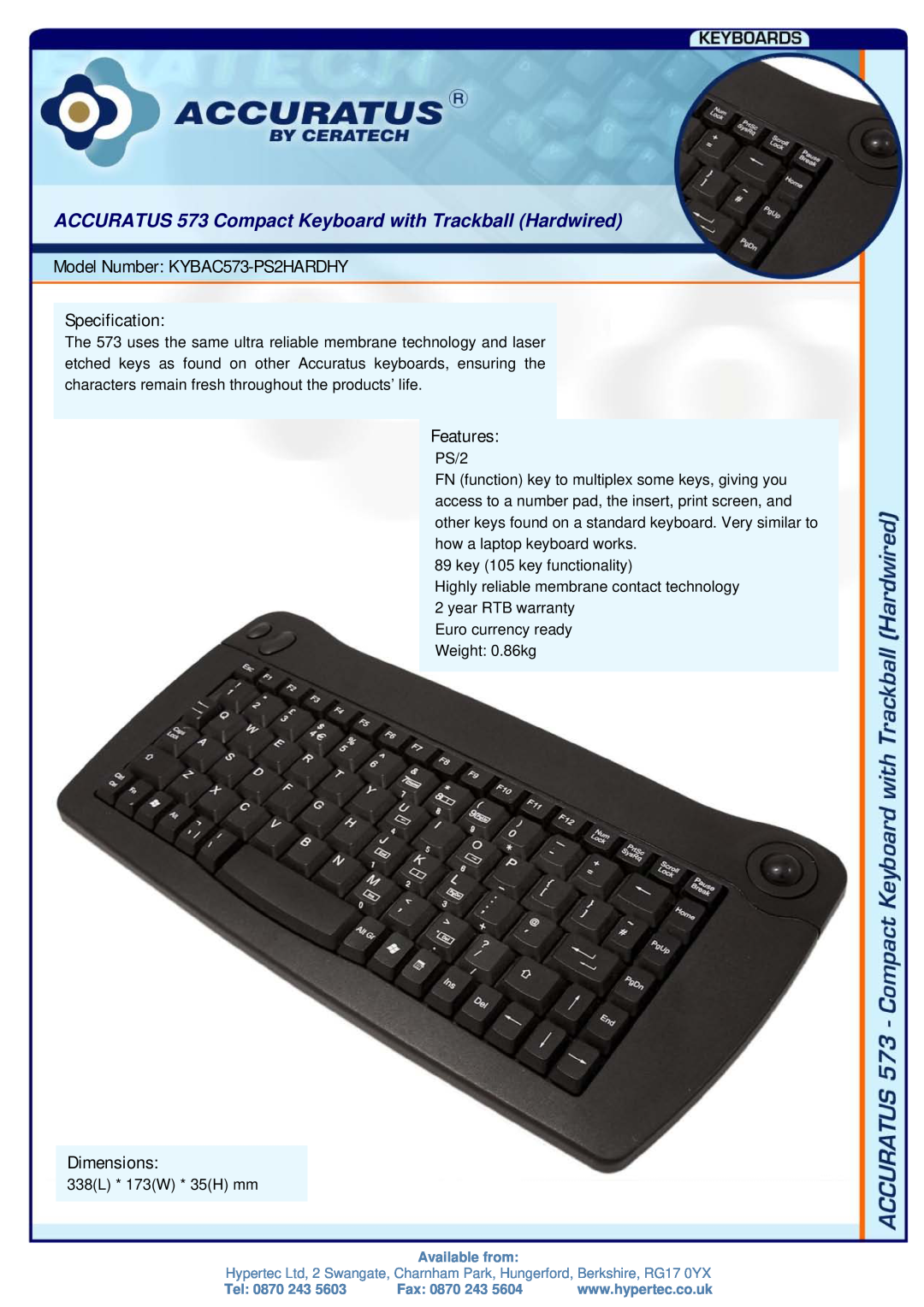 Hypertec KYBAC573-PS2HARDHY dimensions ACCURATUS 573 Compact Keyboard with Trackball Hardwired, Features, Dimensions 